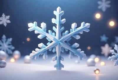 Primary subject: A 3D model of a snowflake.

Setting/background: A white snowy surface.

Visual style: Digital art.

Colors and mood: The snowflake is blue and white, giving it a cold and wintery appearance.